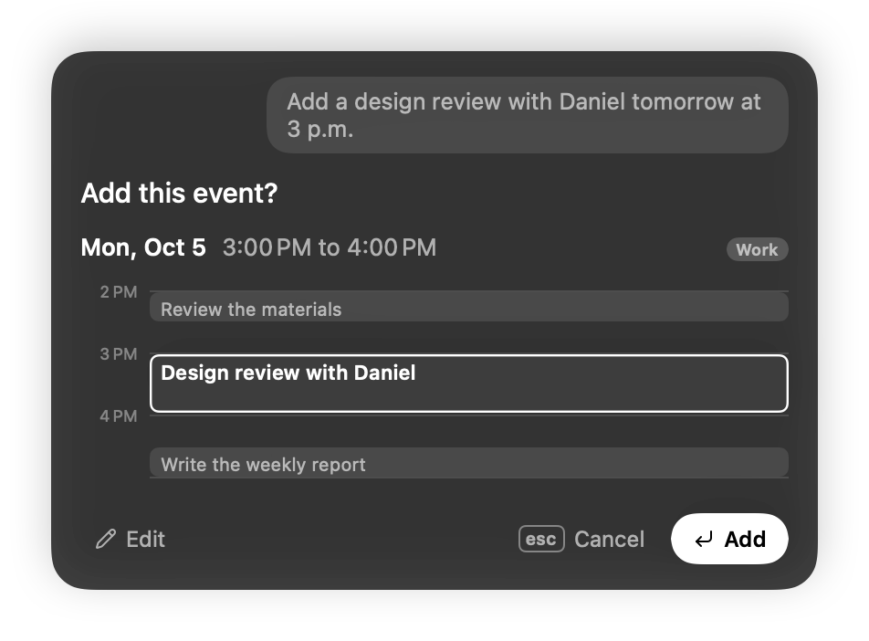 The card that confirms the event after saying “Add a design review with Daniel tomorrow at 3 p.m.”