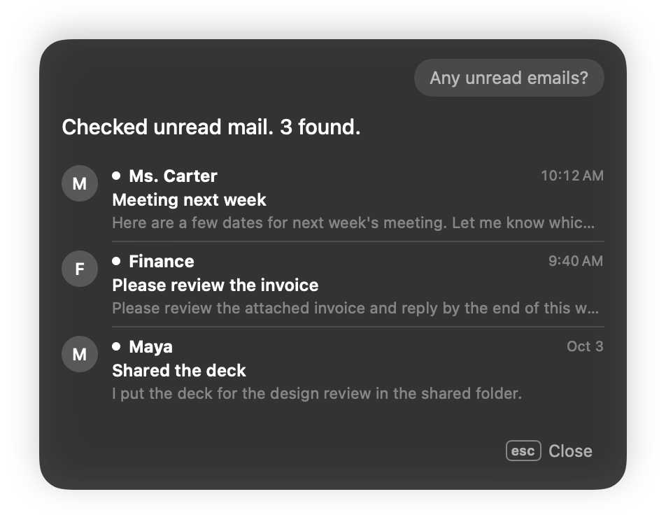 The card listing three unread emails after saying “Any unread emails?”